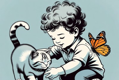 Boy petting cat with butterfly