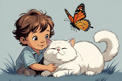 Boy hugging white cat with butterfly