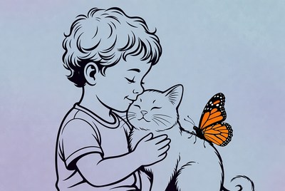 Boy hugging cat with butterfly