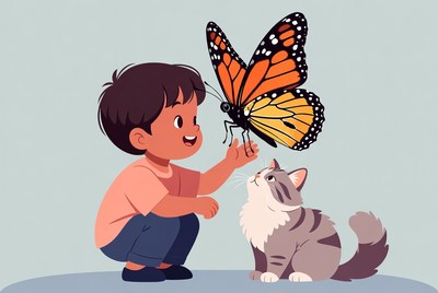 Boy with butterfly and cat