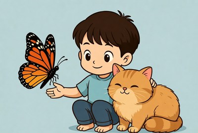 Boy holding butterfly with cat