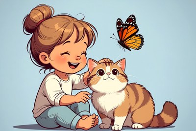 Girl petting cat with butterfly