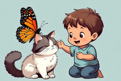 Boy petting cat with butterfly