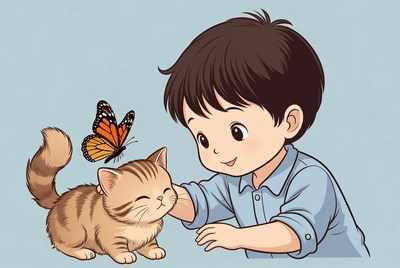 Boy petting kitten with butterfly