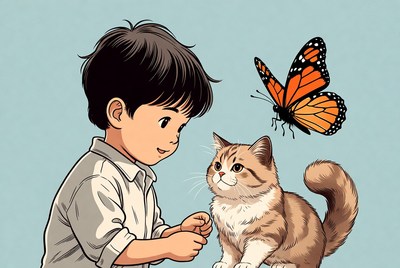 Asian boy with cat and butterfly
