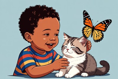 African-American toddler petting kitten with butterfly