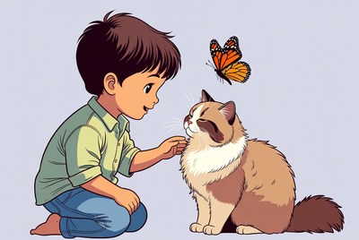 Boy petting Birman cat with butterfly