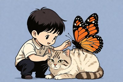Boy petting cat with butterfly
