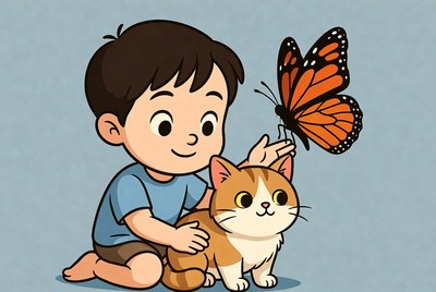 Boy and cat touching butterfly