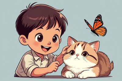 Boy petting kitten with butterfly