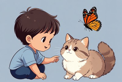 Boy petting cat with butterfly