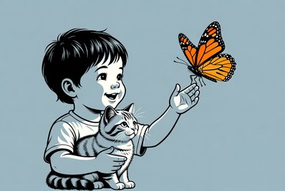 Boy holding kitten reaching for butterfly