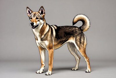 Norwegian Elkhound standing on gray background