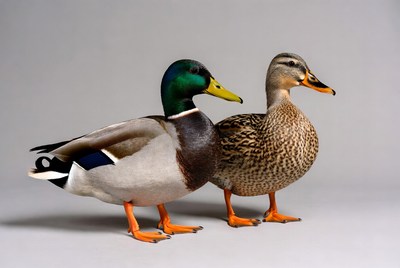 Male and female mallard ducks standing