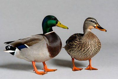 Male and female mallard ducks standing