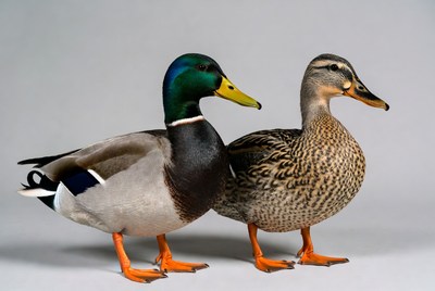 Male and female mallard ducks standing