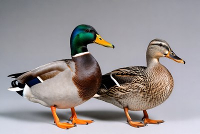 Male and female mallard ducks standing