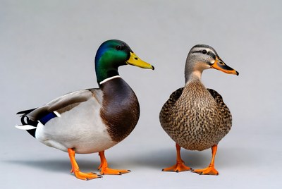 Male and female mallard ducks standing