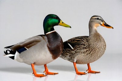 Male and female mallard ducks standing