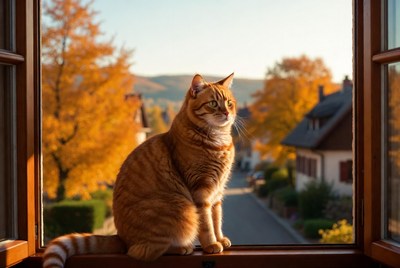 Orange cat sitting on windowsill