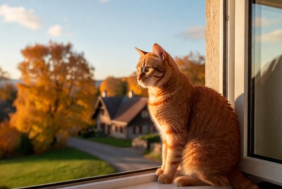 Orange cat sitting on windowsill