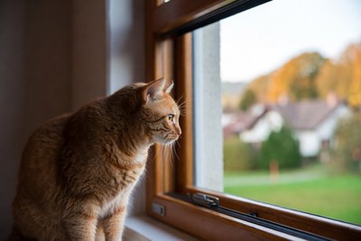 Orange cat looking out window