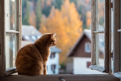 Ginger cat looking out window