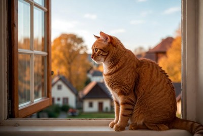 Orange cat sitting by open window