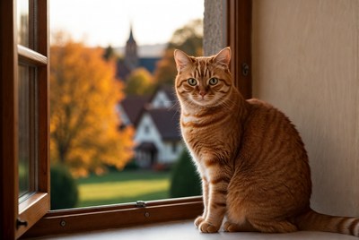 Orange cat sitting by window