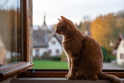 Orange cat sitting by window