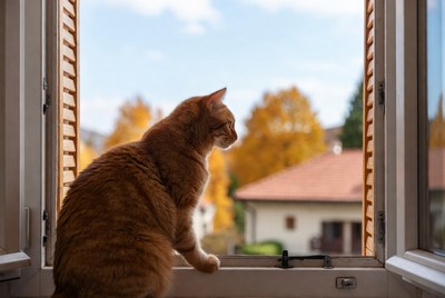 Orange cat looking out window