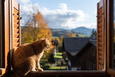 Orange cat looking out window at mountains
