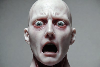 Terrified bald man screaming