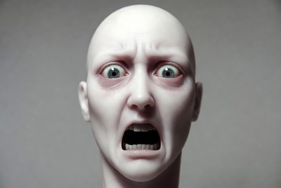 Bald Woman Screaming with Wide Eyes