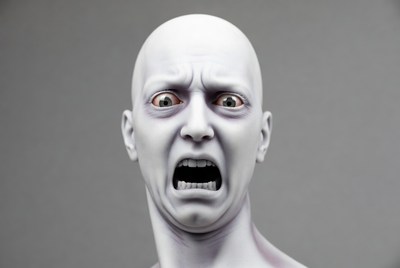 Bald man screaming in terror