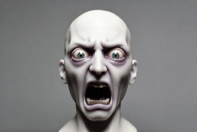 Terrified bald man screaming