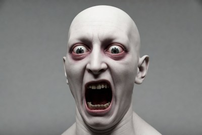 Bald man screaming with wide eyes