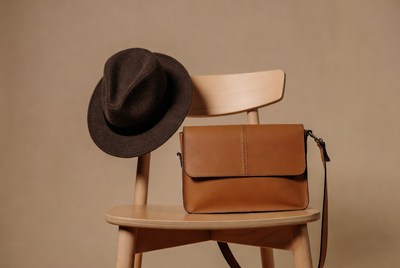 Brown Fedora Hat and Leather Bag on Chair