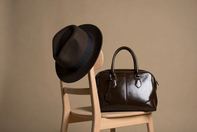 Brown Fedora Hat and Leather Handbag on Chair