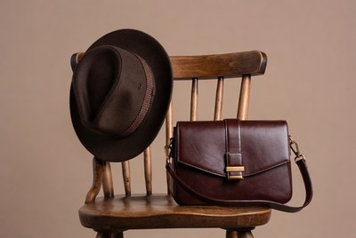 Brown Fedora Hat and Leather Handbag on Chair