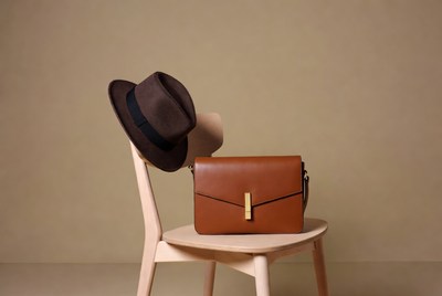 Brown Fedora Hat and Leather Handbag on Chair
