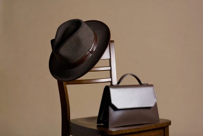 Brown Fedora Hat and Handbag on Chair