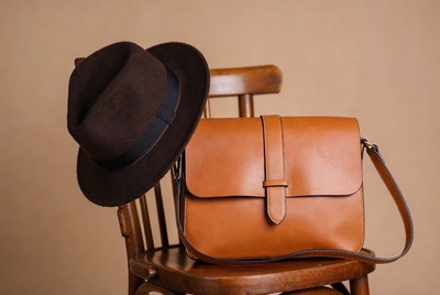 Brown Fedora Hat and Leather Tote Bag