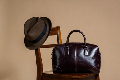 Brown Fedora Hat and Leather Handbag on Chair