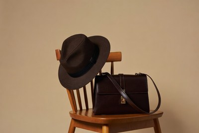 Brown Fedora Hat and Leather Bag on Chair