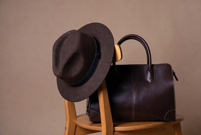 Brown Fedora Hat and Leather Handbag