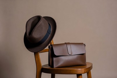 Brown Fedora Hat and Leather Bag on Chair