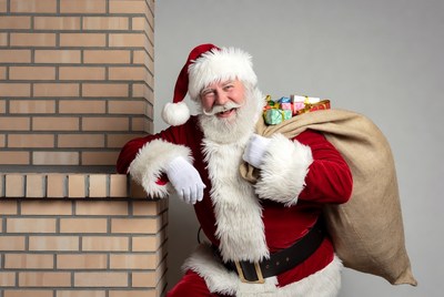Santa Claus with sack of gifts by fireplace