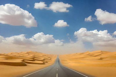 Straight road through desert dunes