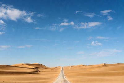 Straight road through desert dunes